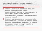 Услуга: некоторые действия, приносящие преимущества либо полезные результаты (бытовые, банковские, страховые, транспортные, финансовые, консалтинговые и др.). Услуга – изменение состояния лица или товара, принадлежащее одной экономической единице и происходящее в результате деятельности другой эконо