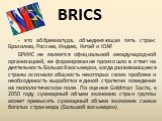 BRICS. - это аббревиатура, объединяющая пять стран: Бразилию, Россию, Индию, Китай и ЮАР. БРИКС не является официальной международной организацией, ее формирование произошло в ответ на деятельность Большой восьмерки, когда развивающиеся страны осознали общность некоторых своих проблем и необходимост