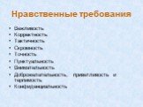 Нравственные требования. Вежливость Корректность Тактичность Скромность Точность Пунктуальность Внимательность Доброжелательность, приветливость и терпимость Конфиденциальность