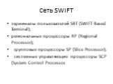 Сеть SWIFT. терминалы пользователей SBT (SWIFT Based Terminal); региональные процессоры RP (Regional Processor); групповые процессоры SP (Slice Processor); системные управляющие процессоры SCP (System Control Processor.