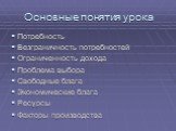 Основные понятия урока. Потребность Безграничность потребностей Ограниченность дохода Проблема выбора Свободные блага Экономические блага Ресурсы Факторы производства