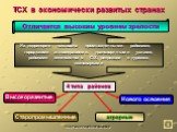 ТСХ в экономически развитых странах. Отличается высоким уровнем зрелости. Их территория насыщена промышленными районами, городскими агломерациями, транспортными узлами, районами интенсивного С/Х, рекреации и туризма, технопарками. 4 типа районов: Высокоразвитые. Старопромышленные. аграрные Нового ос