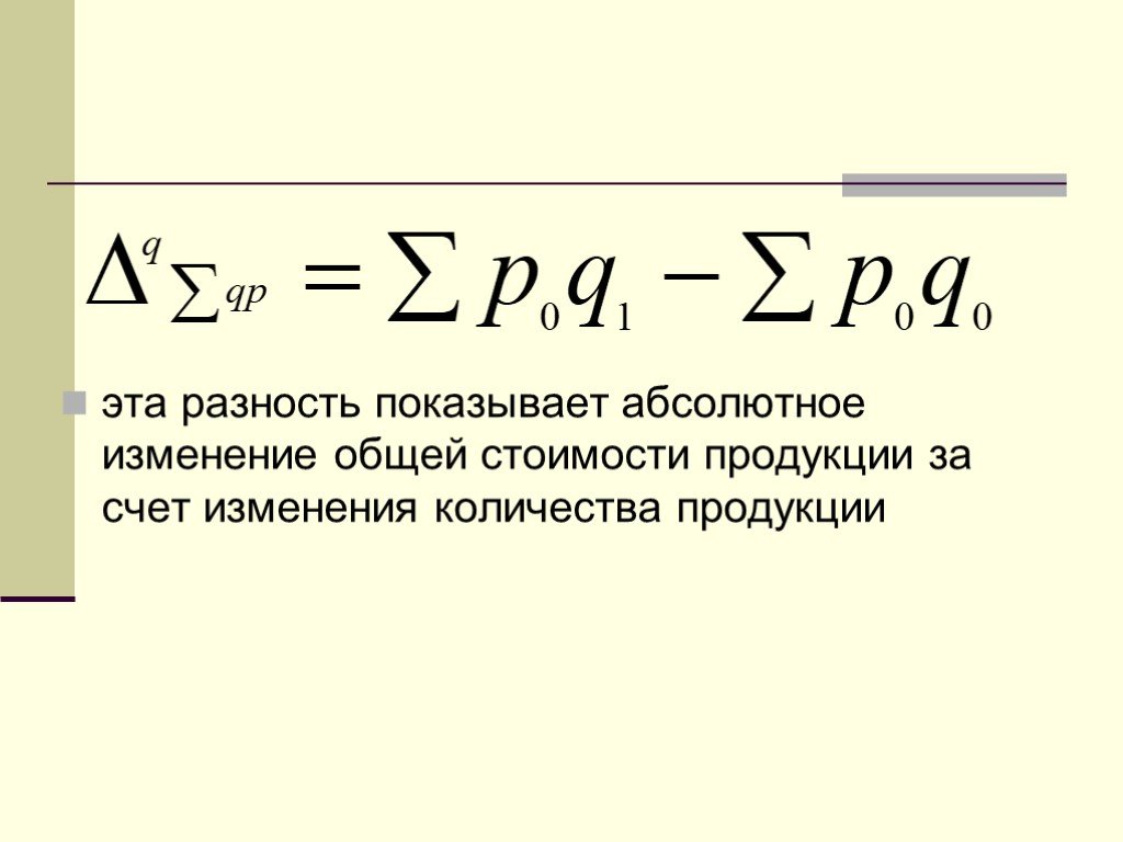 Покажи абсолютного. Абсолютное изменение общей стоимости продукции. Абсолютное изменение объема продукции. Абсолютное изменение себестоимости. Абсолютное изменение формула.