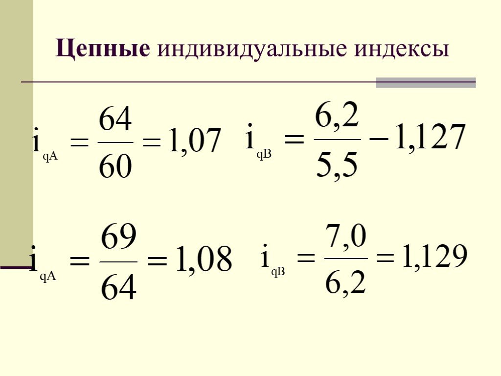 Цепные индексы получают путем. Цепной индекс. Цепной индивидуальный индекс. Цепной индекс формула. Цепные и базисные индивидуальные индексы цен.