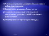 5) Активный процесс «либерализации» правил найма и увольнения. 6) Расширение временной занятости. 7) Изменение механизма установления длительных трудовых связей компании с работниками. 8) Формирование черного рынка труда.