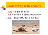 Look at the differences. Lay – to put or place Lie – to be in a particular position Lie – to say sth. that is not true