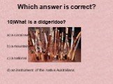 10)What is a didgeridoo? a coral reef in Australia a mountain in Australia a national dish in Australia an instrument of the native Australians