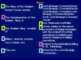 The Navy is the Russian Armed Forces’ service The headquarters of the Russian Navy is The Russian Navy consists of Military districts and the navy's fleets are They are. Joint Strategic Command West; Joint Strategic Command South; Joint Strategic Command; Joint Strategic Command East; the Arctic Joi
