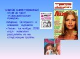 Анализ заимствованных слов из газет «Комсомольская правда», «Маркер Экспресс» и номеров журнала «Лиза» за ноябрь 2008 года позволил разделить их на следующие группы:
