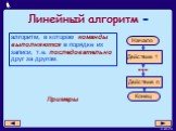 Линейный алгоритм -. алгоритм, в котором команды выполняются в порядке их записи, т.е. последовательно друг за другом. Примеры