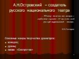 А.Н.Островский – создатель русского национального театра. Основные жанры творчества драматурга: комедии; драмы; сказка «Снегурочка». …Только после вас мы можем с гордостью сказать: «У нас есть свой русский национальный театр». И.А.Гончаров