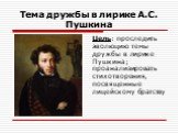 Цель: проследить эволюцию темы дружбы в лирике Пушкина; проанализировать стихотворения, посвященные лицейскому братству