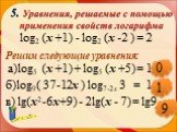 log2 (х +1) - log2 (х -2 ) = 2. Решим следующие уравнения: а)log5 (х +1) + log5 (х +5) = 1. б)log9( 37-12х ) log7-2х 3 = 1. в) lg(х2-6х+9) - 2lg(х - 7) = lg9. 0 9