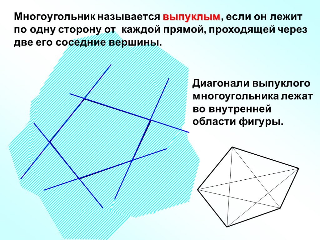 У выпуклого многоугольника стороны не пересекают. Выпуклый многоугольник. Диагональ многоугольника. Многоугольник выпуклый если. Многоугольник называется выпуклым если он лежит.