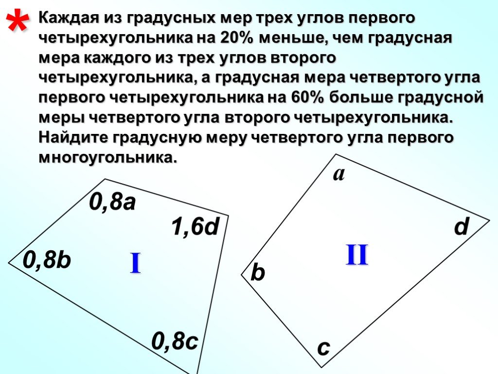 Найдите градусную меру меньшего. Градусная мера четырехугольника. Градусная мера каждого из углов. Градусная мера угла многоугольника. Градусная мера одного угла четырехугольника.