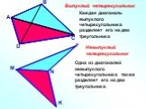 Каждая диагональ выпуклого четырехугольника разделяет его на два треугольника. Одна из диагоналей невыпуклого четырехугольника также разделяет его на два треугольника.