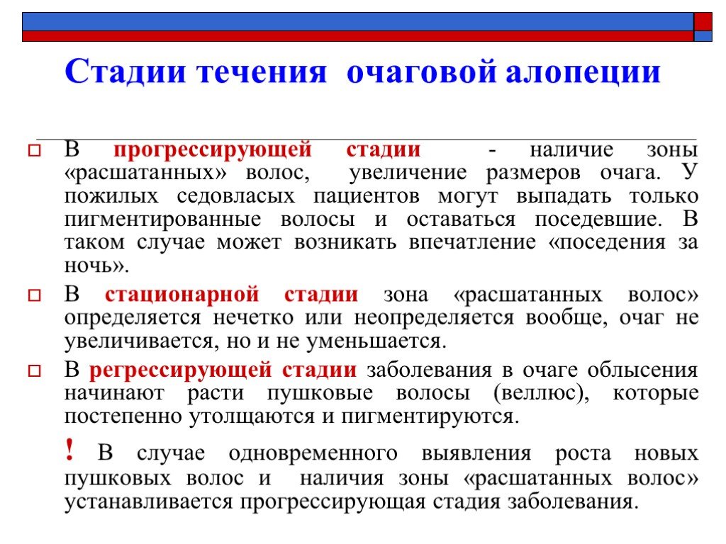 Стадии течения. Стадии очаговой алопеции. Алопеция классификация. Рубцовые алопеции классификация. Зона расшатанных волос.