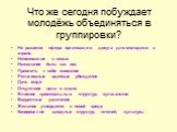 Что же сегодня побуждает молодёжь объединяться в группировки? Не развитая сфера организации досуга для молодежи в стране Непонимание в семье Нежелание быть как все Привлечь к себе внимание Религиозные идейные убеждения Дань моде Отсутствие цели в жизни Влияние криминальных структур, хулиганство Возр