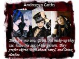 Androgyn Goths. They are «no sex» Goths. All make-up they use, hides the sex of the person. They prefer skirts, high shoes, vinyl, and latex clothes.