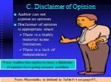 C. Disclaimer of Opinion. Auditor can not express an opinion. Disclaimer of opinion is appropriate when: There is a highly material scope limitation. There is a lack of independence. Note: Auditor has option to issue a disclaimer of opinion for a going concern problem.