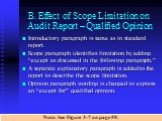 B. Effect of Scope Limitation on Audit Report – Qualified Opinion. Introductory paragraph is same as in standard report. Scope paragraph identifies limitation by adding “except as discussed in the following paragraph.” A separate explanatory paragraph is added to the report to describe the scope lim
