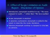 C. Effect of Scope Limitation on Audit Report – Disclaimer of Opinion. Introductory paragraph modified to say “We were engaged to audit…” rather than “We have audited …”. Scope paragraph is omitted. A separate explanatory paragraph is added to the report to describe the scope limitation. Opinion par