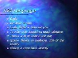 Irish Language. Gaelic Dia dhuit = Hello Conas tá tú? = How are you Ta a lan craic isteach sa teach tabhairne = There’s a lot of craic in the pub Spoken fluently in Gealtachs 10% of the country Making a come back recently