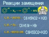 C6H 6+ HONO2 → C6H 6 + Br2 → C6H 6+HOSO2OH→. C6 H5NO2 + H2O C6 H5 Br + HBr C6H5SO2+H2O. Реакции замещения