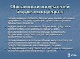 Обязанности получателей бюджетных средств: своевременно подавать бюджетные заявки или иные документы, подтверждающие право на получение бюджетных средств; эффективно использовать бюджетные средства в соответствии с их целевым назначением; своевременно и в полном объеме возвращать бюджетные средства,