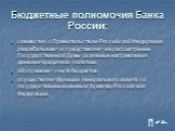 Бюджетные полномочия Банка России: совместно с Правительством Российской Федерации разрабатывает и представляет на рассмотрение Государственной Думы основные направления денежно-кредитной политики; обслуживает счета бюджетов; осуществляет функции генерального агента по государственным ценным бумагам