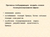 Причины побуждающие создать новое позиционирование марки: изменение рынка; ослабевание позиций бренда, более сильные позиции конкурентов; ошибочное позиционирование марки, неверно разработанная идентичность бренда.