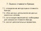 7. Оценка стоимости бренда: 7.1. определение метода оценки стоимости бренда; 7.2. сбор данных, для вычисления данных марочных активов; 7.3. организация мероприятий, необходимых для измерения стоимости бренда; 7.4. расчет дополнительных параметров.