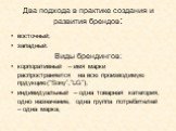 Два подхода в практике создания и развития брендов: восточный; западный. Виды брендингов: корпоративный – имя марки распространяется на всю производимую прдукцию(“Sony”,”LG”); индивидуальный – одна товарная категория, одно назначение, одна группа потребителей – одна марка;