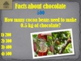 How many cocoa beans need to make 0.5 kg of chocolate? Facts about chocolate 500 1) 200 3) 400 2) 300 4) 500