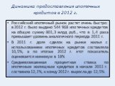 Динамика предоставления ипотечных кредитов в 2012 г. Российский ипотечный рынок растет очень быстро: в 2012 г. было выдано 544 968 ипотечных кредитов на общую сумму 801,3 млрд руб., что в 1,4 раза превышает уровень аналогичного периода 2011 г. В 2011 г. доля сделок на рынке жилья с использованием ип