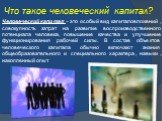 Что такое человеческий капитал? Человеческий капитал – это особый вид капиталовложений, совокупность затрат на развитие воспроизводственного потенциала человека, повышение качества и улучшение функционирования рабочей силы. В состав объектов человеческого капитала обычно включают знания общеобразова