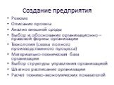 Создание предприятия. Резюме Описание проекта Анализ внешней среды Выбор и обоснование организационно – правовой формы организации Технология (схема полного производственного процесса) Материально-техническая база организации Выбор структуры управления организацией Штатное расписание организации Рас