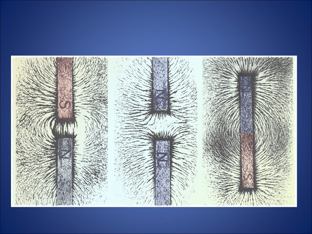 Рассмотрите изображение магнитных полей между полюсами магнитов полученные с помощью железных опилок