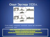 Опыт Эрстеда 1820 г. О чем говорит отклонение магнитной стрелки при замыкании электрической цепи? Вокруг проводника с током существует магнитное поле. На него – то и реагирует магнитная стрелка. Источником магнитного поля являются движущиеся электрические заряды или токи.