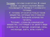 Топливо - основа энергетики. В наше время на одного жителя Земли производится более 2 т условного топлива. К топливу относятся только такие вещества, которые при сгорании выделяют большое количество теплоты. Топливо –сложное химическое вещество, состоящего их целого ряда элементов: углерода, водород