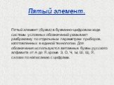 Пятый элемент. Пятый элемент (буква) в буквенно-цифровом коде системы условных обозначений указывает разбраковку по отдельным параметрам приборов, изготовленных в единой технологии. Для обозначения используются заглавные буквы русского алфавита от А до Я, кроме З, О, Ч, Ы, Ш, Щ, Я, схожих по написан