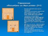 Упражнение «Восьмёрка из двух углов» (2+1). Является вариантом предыдущего упражнения. Упражнение выполняется в тройках. Два игрока (первый из них с мячом) располагаются одном углу у лицевой линии. Третий игрок в углу напротив. Упражнение начинают игроки одновременно с двух сторон. Игрок №1, выполни