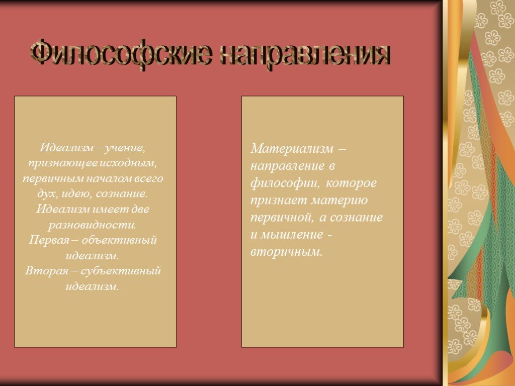 Учение признающее. Идеалистическое учение. Философский идеализм это учение. Направления идеализма. Философское направление признающее первичным началом идею, мысль.