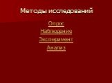 Методы исследований. Опрос Наблюдение Эксперимент Анализ