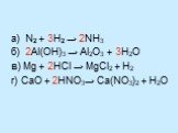 а) N2 + 3H2 → 2NH3 б) 2Al(OH)3 → Al2O3 + 3H2O в) Mg + 2HCl → MgCl2 + H2 г) СaO + 2HNO3→ Ca(NO3)2 + H2O