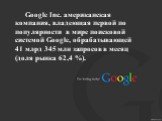 Google Inc. американская компания, владеющая первой по популярности в мире поисковой системой Google, обрабатывающей 41 млрд 345 млн запросов в месяц (доля рынка 62,4 %).