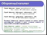 Период обращения запасов (производственный цикл): Тзап = запасы  360 / себестоимость продукции Период обращения дебиторской задолженности (ДЗ): Тдз = ДЗ  360 / выручка от реализации Период обращения кредиторской задолженности (КЗ): Ткз = КЗ  360 / себестоимость продукции Размеры оборотных средств