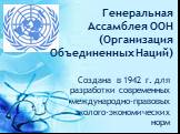 Генеральная Ассамблея ООН (Организация Объединенных Наций). Создана в 1942 г. для разработки современных международно-правовых эколого-экономических норм