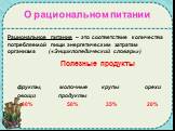 О рациональном питании. фрукты, молочные крупы орехи овощи продукты 80% 50% 35% 20%. Полезные продукты. Рациональное питание – это соответствие количества потребляемой пищи энергетическим затратам организма («Энциклопедический словарь»)