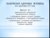 ФИЗИЧЕСКОЕ ЗДОРОВЬЕ ЧЕЛОВЕКА ЭТО ЗДОРОВЬЕ ЕГО ТЕЛА Зависит от: - двигательной активности; - рационального питания; - соблюдения правил личной гигиены; - безопасного поведения в повседневной жизни; - оптимального сочетания умственного и физического труда; - умения отдыхать.